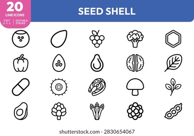 Avocado, pepper, broccoli, brain, mushroom, leaf, seedpod, capsule, grapes, and and almond for organic gardening and wellness design.