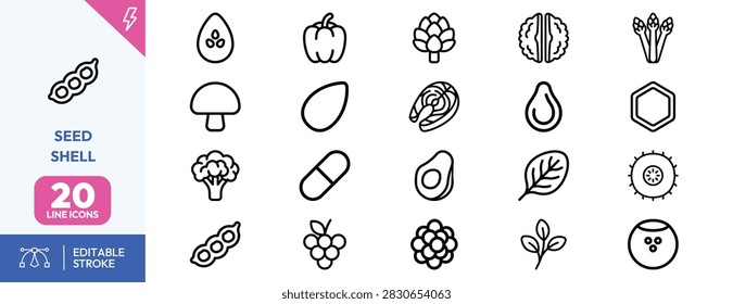 Avocado, pepper, broccoli, mushroom, leaf, seedpod, brain, grain, flower, and and seed for organic farming and applications.