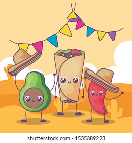 avocado and pepper with mexican hat kawaii vector illustration design