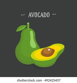 Avocado pieces set isolated on black background. Isometric organic healthy food. Tropical vegetable. 