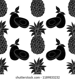 Avocado, pineapple. Black silhouette on white background. Seamless, texture.