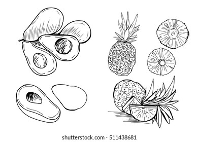 Avocado  and pineapple vector  illustration. Food background.