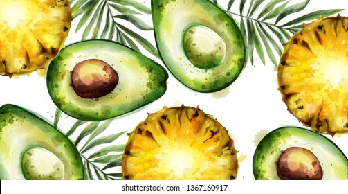 Avocado and pineapple Vector watercolor tropical banner