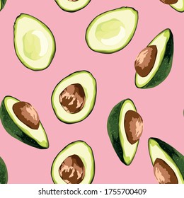 Avocado pink background. Food seamless pattern for healthy food eating, quote or recipe.  Flat lay in cartoon style.
