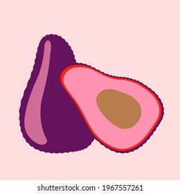 Avocado in pink tones. Postcard for printing on poster, clothes, decorative pillows, tea towels, napkins, decorative pillow, notebooks. Vector graphics.