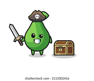 the avocado pirate character holding sword beside a treasure box , cute style design for t shirt, sticker, logo element