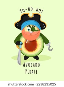 Avocado Pirate with a hook instead of a hand and a saber. Vector illustration