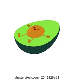 Avocado pit relaxes isolated. Cheerful cartoon fruit.