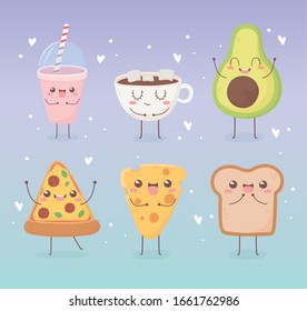 avocado pizza cheese bread chocolate cup kawaii food cartoon character design vector illustration