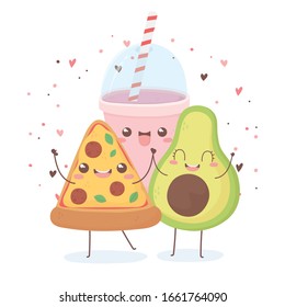 avocado pizza and soda kawaii food cartoon character design vector illustration