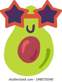 Avocado plant emoji funny happy expression vector. Smiling blissful and joyful vitamin food face in style sunglasses in star shape. Comic lucky nutrition smile emotion flat cartoon illustration