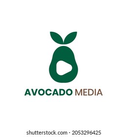 Identidad del logotipo de la ilustración del icono del botón de reproducción de aguacate. Medios de aguacate de frutas para video de granjeros, reproductor, diseño de loobrero de naturaleza digital