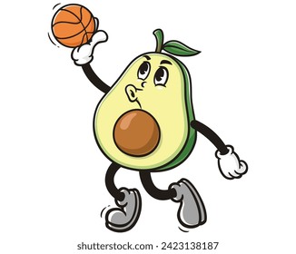 Avocado playing slam dunk basketball cartoon mascot illustration character vector clip art hand drawn