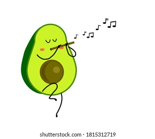 Avocado plays the flute on a white background. Cartoon. Vector illustration.