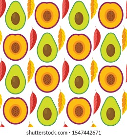 Avocado and Plum on a white background isolated. Seamless pattern. Vector illustration.
