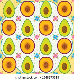 Avocado and Plum on a white background isolated. Seamless pattern. Vector illustration.