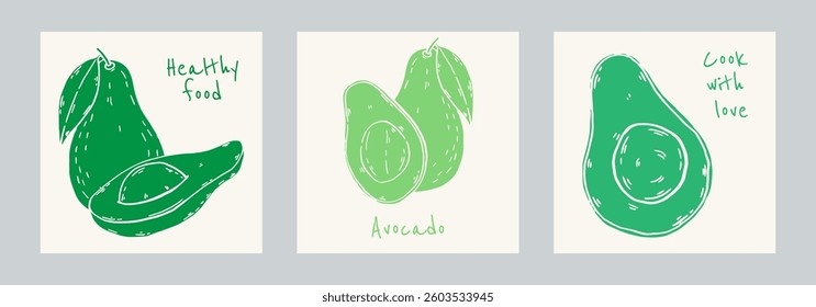 Avocado posters set in linocut style. Banners Design template collection. Healthy food ingredient. Hand drawn ink sketch plant from package design. Ecology concept. Vector illustration.