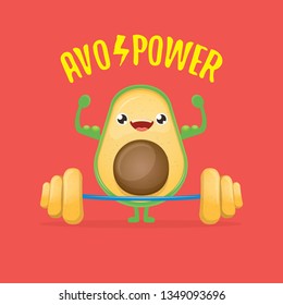 Avocado power Fitness concept illustration. Cartoon strong avocado lifting weight barbell isolated on pink background. Cute sporty healthy food character making squat exercise with weight. 