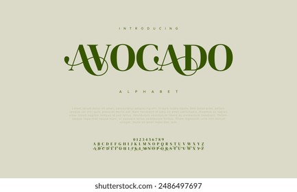 Avocado premium luxury elegant alphabet letters and numbers. Vintage wedding typography classic serif font decorative vintage retro. creative vector illustration