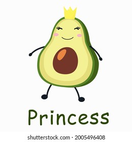 Avocado princess wearing a golden crown. Text Princess. Vector illustration.