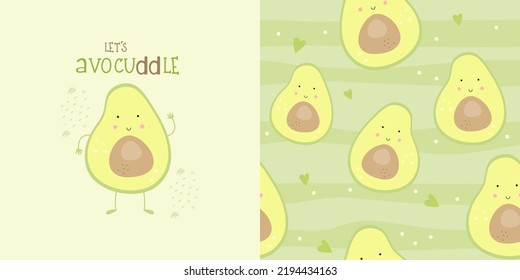 Avocado Print Card and Seamless Pattern for kids fabric textile. Fruits collection. Vector illustration
