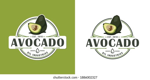 Avocado Produkt-Label Vektordesign-Vorlage oder Avocado Logo Vintage, gut für die Ölindustrie, Öl-Produkt, Avocado Fruchtlabel, Avocado Farm und vieles mehr.