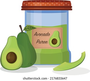 Avocado puree in a jar. Avocado guacamole. Vector food illustration in cartoon style. Breakfast. Vector illustration