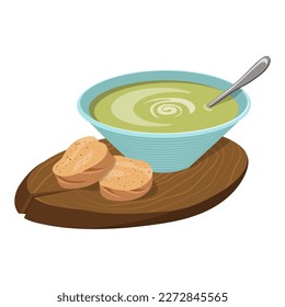 Avocado puree soup on a board with bread. Vector illustration