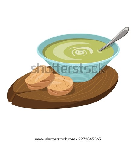 Avocado puree soup on a board with bread. Vector illustration