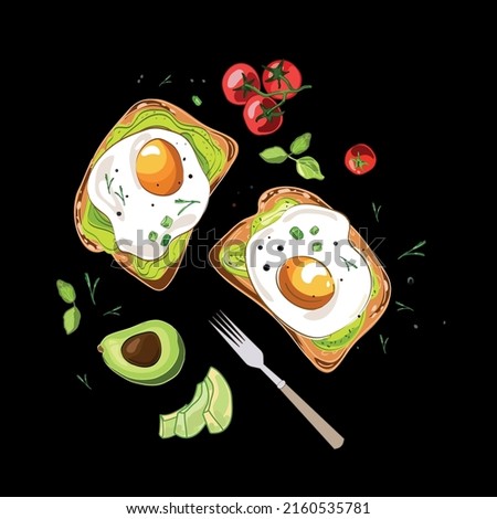 Avocado puree toast and fried eggs on a dark background with tomatoes spices and herbs vector food,cartoon realistic drawing.Top view of healthy avocado toast for breakfast or lunch with rye bread.