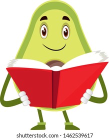 Avocado reading book, illustration, vector on white background.