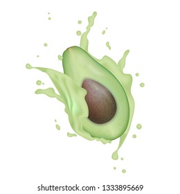 Avocado realistic 3d fruit with splashing. Vector illustration eps 10.