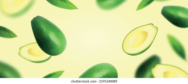 Avocado realistic background composition with half cuts of avocado fruit flying in air with no kernels vector illustration