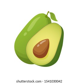 Avocado realistic fresh fruit. Whole and cut in half  avocados fruits.Vector illustration.Healthy food for vegans and vegetarians.