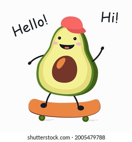 An avocado in a red cap is riding a skateboard. Vector illustration.