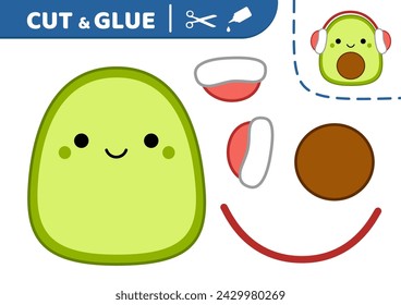 Avocado with red earmuff. Cut and glue. Kawaii avocado. Squishmallow. Applique. Paper game. Vector 