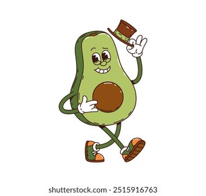 Avocado retro groovy breakfast character tipping its hat and smiling. Cartoon ripe half of vegetable personage wearing sneakers conveying charming, friendly and inviting vibe for health or food themes