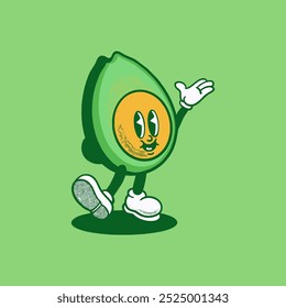 Avocado Retro Mascot. Funny cartoon character of Avocado. Groovy style, vintage, logo, icon, sticker, vector