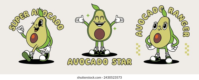 Avocado retro mascot with hand and foot. Retro cartoon stickers with funny comic characters and gloved hands.