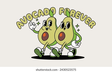 Avocado retro mascot with hand and foot. Retro cartoon stickers with funny comic characters and gloved hands.