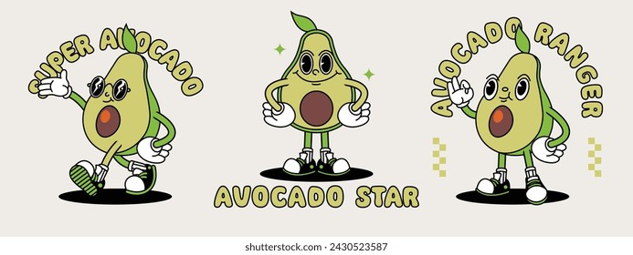 Avocado retro mascot with hand and foot. Retro cartoon stickers with funny comic characters and gloved hands.