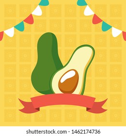 avocado ribbon celebration viva mexico vector illustration