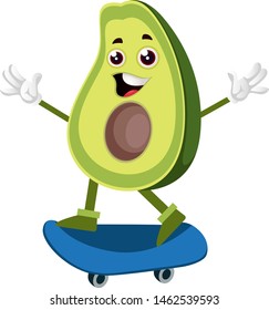 Avocado riding skateboard, illustration, vector on white background.