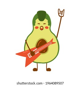 Rock aguacate y Roll. Ilustración vectorial plana de un lindo personaje de aguacate con guitarra.