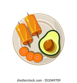 Avocado, Rolls and Carrot Served Food. Colourful Vector Illustration