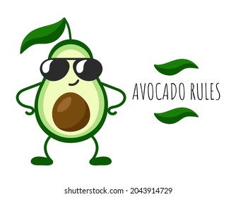 Avocado regiert. Frohe coole Cartoon Avocado in Sonnenbrille. Vektorhandgezeichnete Illustration für den Druck.