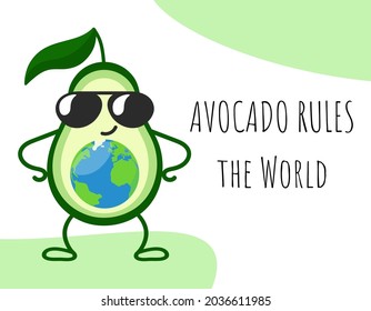 Avocado rules the World. Happy cool cartoon avocado in sunglasses with planet Earth inside. Vector illustration.