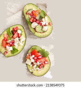 Avocado salad with broccoli, cucumber, hard-boiled egg and mixed vegetables in a bowl made of avocado. light brown background. with the top view.