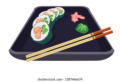 avocado and salmon Sushi restaurant plate with chopsticks soy sauce wasabi and ginger
