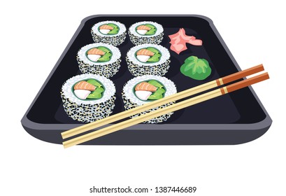 avocado and salmon Sushi restaurant plate with chopsticks soy sauce wasabi and ginger